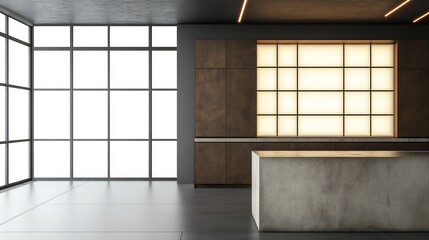 Modern minimalist interior design with large windows.