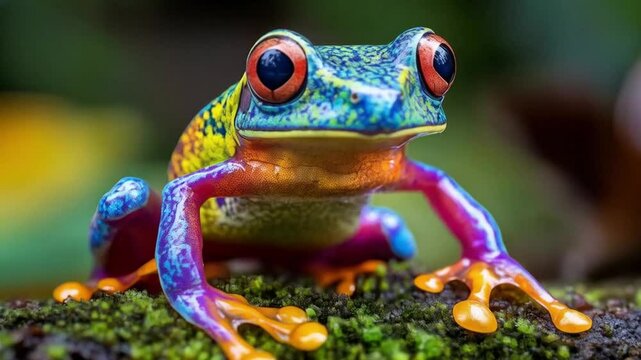 The colorful frog perched on a bright green leaf, its vibrant skin shining under the sunlight.

