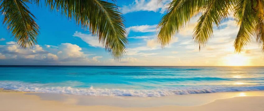 Serene Beach Sunset with Palm Fronds Over Crystal Clear Water and Gentle Waves Lapping on Shoreline
