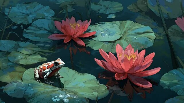 A small frog sat quietly on a green leaf floating gently in the calm river water.
