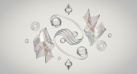 Abstract Glass Art Iridescent Geometric Shapes and Bubbles in Elegant Composition