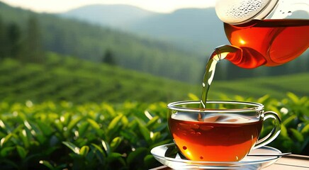 Ultra-realistic macro slow motion shot of amber tea pouring from a traditional clay teapot into a clear glass cup. - Powered by Adobe