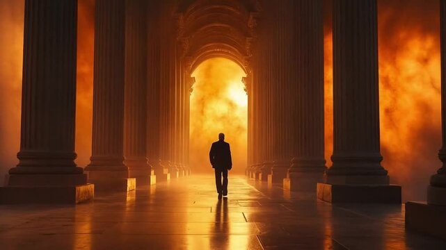 A man walked confidently between the tall pillars, his footsteps echoing through the grand, silent hallway.
