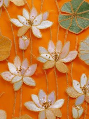 Luxurious embroidery design featuring elegant lotus flowers with shimmering gold threads and silver metallic accents on a warm orange background, creating a refined and artistic oriental textile patte