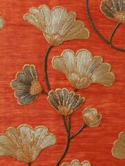 Luxurious embroidery design featuring elegant lotus flowers with shimmering gold threads and silver metallic accents on a warm orange background, creating a refined and artistic oriental textile patte
