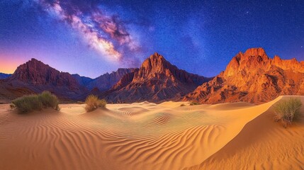 Naklejka premium Stunning Milky Way Galaxy Above Desert Sand Dunes and Mountain Range at Night