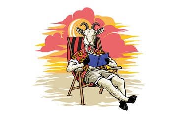 illustration of a goat relaxing while reading a book