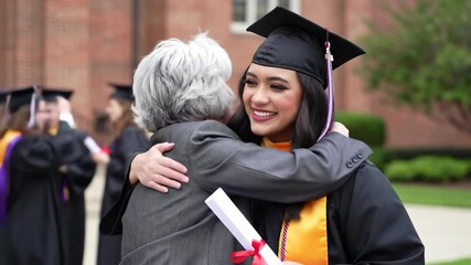 Emotional graduation day celebration: Graduate hugging family member with pride and achievement