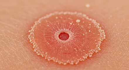 Fototapeta premium Macro Close-up of a Circular, Pink, Marine Organism on Skin-like Surface