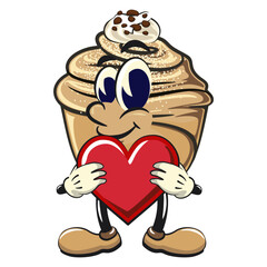 Obraz premium Cute cruffin cartoon mascot vector hold the heart with love, funny dessert character illustration isolated, work of hand drawn