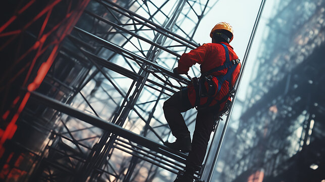 Construction Worker Ascending Metal Scaffolding in Industrial Site - Powered by Adobe