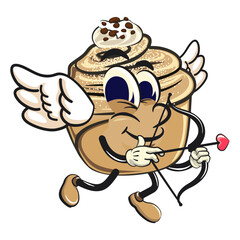 Cute cruffin cartoon mascot vector become a cupid with angel wings and the arrow of love, funny dessert character illustration isolated, work of hand drawn