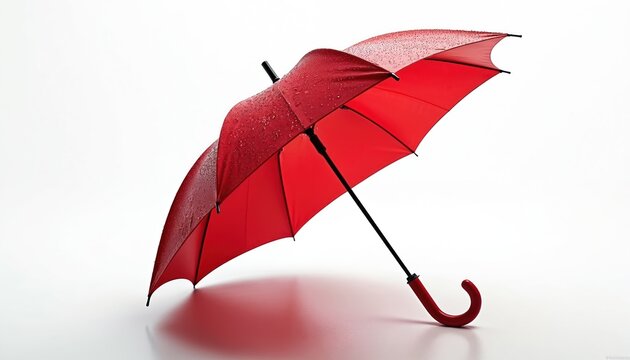 Red umbrella isolated on white background. Open parasol protects from rain, weather. Drops on canopy. Handle, protection from sun, water. Weather forecast concept, accessory.