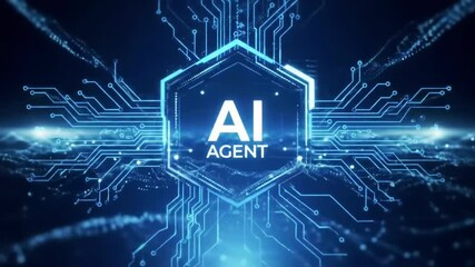 Glowing ai agent emblem surrounded by digital networks and swirling blue energy - Powered by Adobe