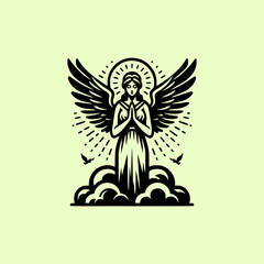 Fototapeta premium Praying Angel Vector Illustration with Wings and Halo Sitting Among Clouds in Vintage Engraving Style on Green Background
