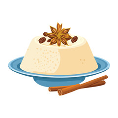Creamy Dessert on Blue Plate with Spices - Vector Illustration