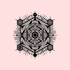 Sacred Geometric Symbol Vector Illustration with Abstract Linear Pattern and Mystical Eye on Pink Background in Modern Spiritual Style