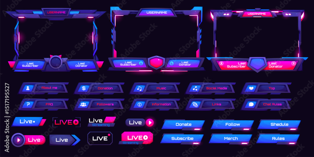 Poster Overlay neon game interface. Screen panel and frames gui asset. Vector set of futuristic, glowing interface panels for streamers, include live, donation, subscribe and chat buttons in blue and pink