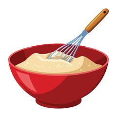 Red Bowl of Baking Batter with Whisk - Vector Illustration