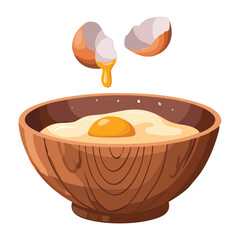 Cracking Egg into Wooden Mixing Bowl - Vector Illustration