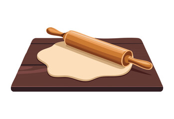 Dough and Rolling Pin on Wooden Board - Vector Illustration