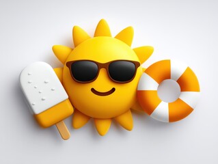 Cheerful cartoon sun character wearing sunglasses holding a popsicle and a lifebuoy conveying feelings of summer fun and relaxation in an animated playful style