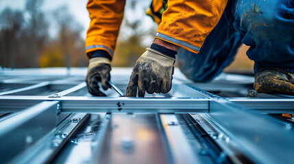 Worker assembling metal frames outdoors