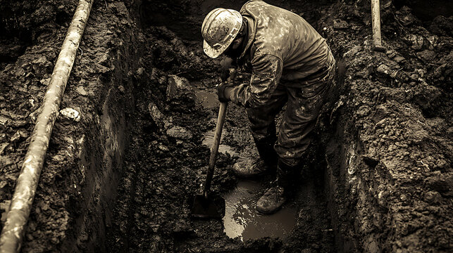 Worker in protective gear digging in a muddy trench with a shovel