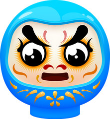 Obraz premium Japanese doll face, Daruma or Japan culture symbol and talisman, vector blue face. Daruma doll of Bodhidharma symbol for success in education or study, learning and intellect in Japanese craft art