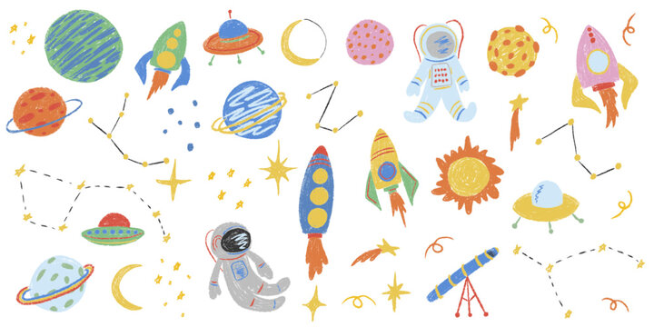 Kids chalk drawings galaxy big set. Collection freehand child baby hand drawn scribble elements. Textured planet, stars, astronaut, rocket, telescope, alien UFO spaceship. Vector illustration isolated
