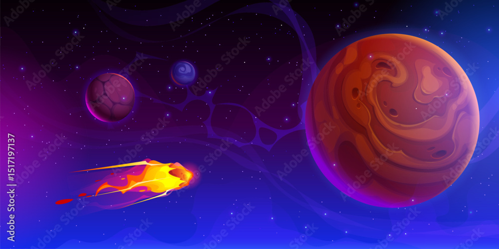 Poster alien space planets and flying comet or meteor with fire flames trails at universe galaxy landscape 
