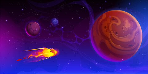 Alien space planets and flying comet or meteor with fire flames trails at universe galaxy landscape vector background. Cartoon alien space sky with planets, stars and meteor shower of flying comet