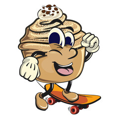 Cute cruffin cartoon mascot vector riding skateboard, funny dessert character illustration isolated, work of hand drawn