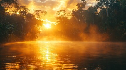 Fototapeta premium Golden sunrise over a misty jungle river (2)