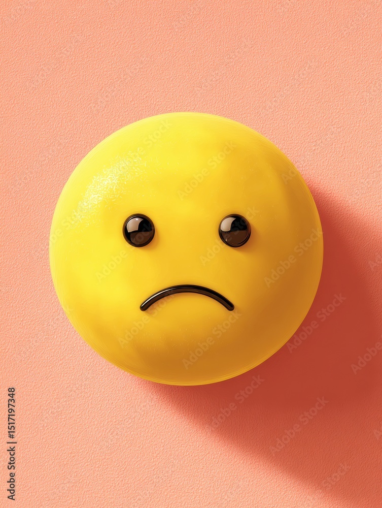 Poster Emoji Expresses Sadness With Shadow Effect on Soft Peach Background Emphasizing a Feeling of Melancholy