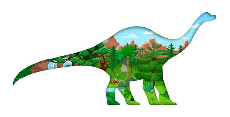 Dinosaur paper cut silhouette with prehistoric era landscape of Jurassic jungle, cartoon vector. Prehistoric landscape with trees, mountain valley and waterfall in paper cut lizard dinosaur silhouette