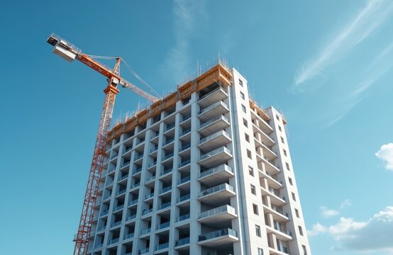 Modern apartment building construction with crane against blue sky. New urban residential real estate development process. Engineers, architects work on building. Construction business, new housing