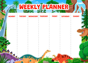 Kids weekly planner schedule with prehistoric dinosaurs characters. Cartoon vector template for organizing daily fun and educational children activities, featuring dino animals in a lush jungle forest