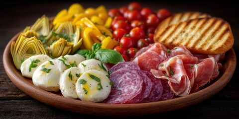 A beautifully arranged platter of vibrant fresh ingredients featuring mozzarella cheese, artichokes, cherry tomatoes, salami, and grilled bread exuding culinary delight and sophistication