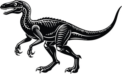 Fototapeta premium Black and White Dinosaur Silhouette, Prehistoric Raptor Vector Art Illustration