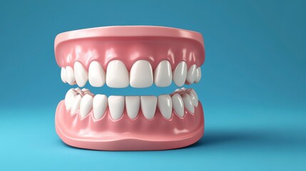 Obraz premium A 3D render of a healthy human jaw with bright white teeth set against a light blue background.
