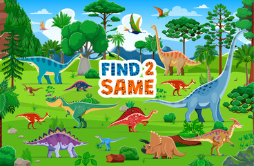Find two same dinosaur characters, kid game worksheet at prehistoric landscape vector background. Jurassic dinos puzzle quiz, cartoon brachiosaurus, triceratops and pteranodon dinosaurs matching game © Vector Tradition
