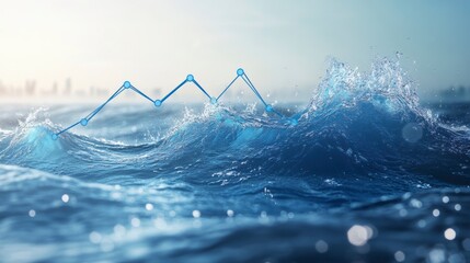 Abstract graph rising above ocean waves, symbolizing growth and progress in a dynamic environment.