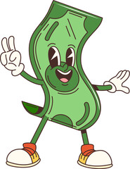 Groovy cartoon dollar banknote cute character. Dollar bank payment and finances cute 60s groovy isolated vector mascot, USA currency bill cheerful character or money banknote happy smiling personage
