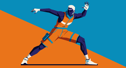 Stylized athlete posing dynamically in vibrant blue and orange background  