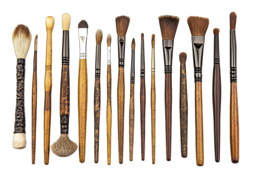Many antique makeup brushes, various shapes and sizes, on dark background