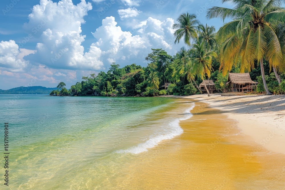 Poster clear turquoise waters reflect the vibrant blue sky and fluffy clouds on a serene tropical beach wit