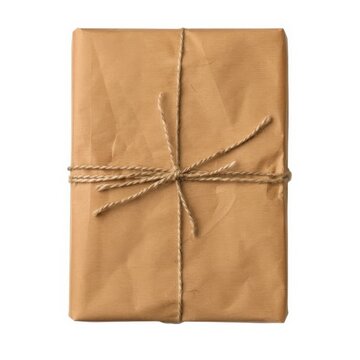 Brown paper package tied up with string on white background