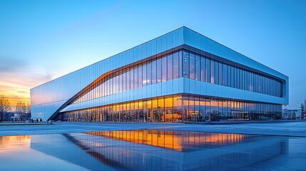 Modern glass building at sunset, reflecting in a pool