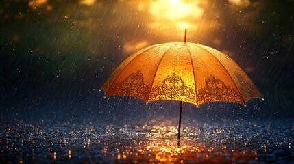 Golden umbrella in rain storm
